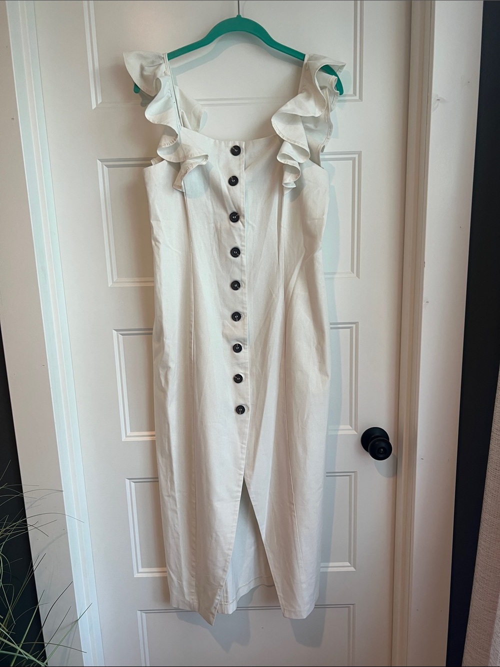 White Ruffle Strap Midi Dress with Button Front